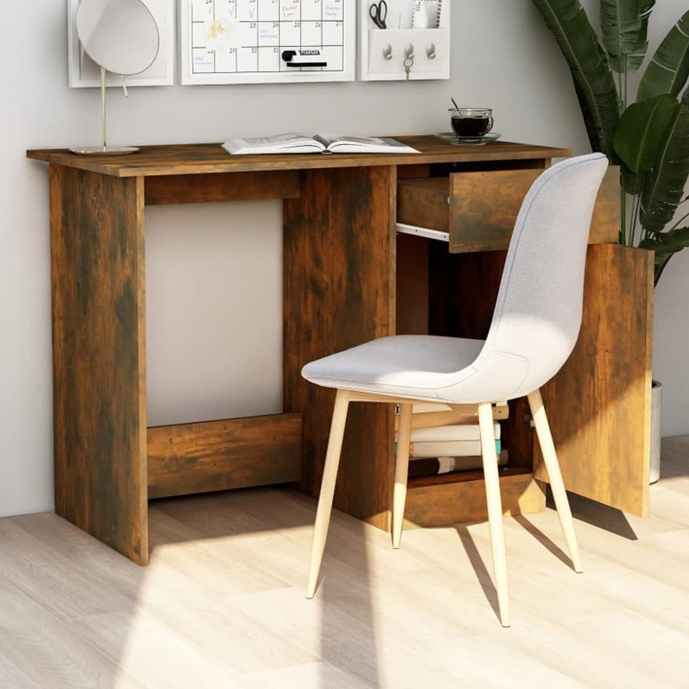 vidaXL Single Door Single Drawer Computer Desk Smoked Oak Image 1
