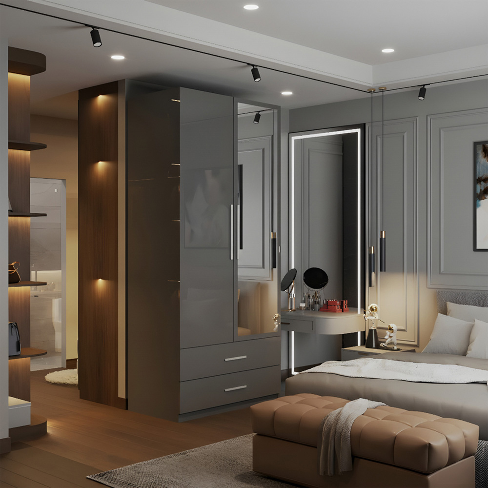 M N Furniture Glossera 2 Door 2 Drawer Grey High Gloss Mirrored Wardrobe 80cm Image 4