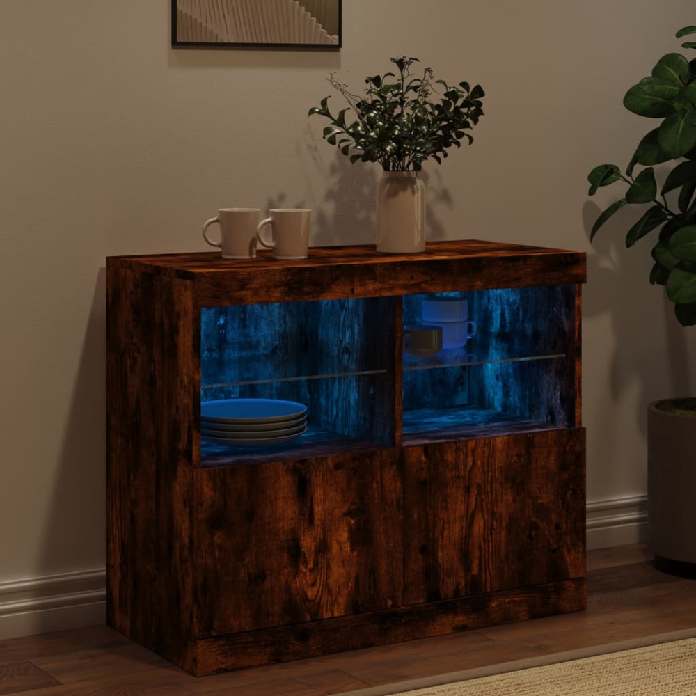 vidaXL 2 Door 4 Shelf Smoked Oak Sideboard with LED Lights Image 4