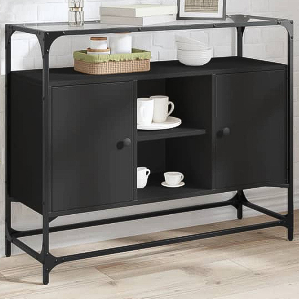 vidaXL 2 Door 3 Shelf Black Glass Top Oak Sideboard Image 1