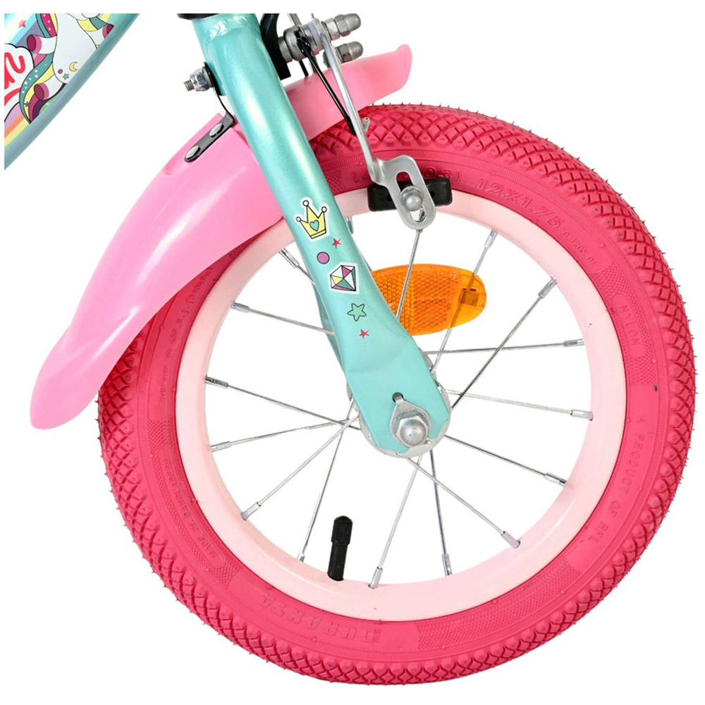 Volare Unicorn Kids 12 inch Green and Pink Bike with Stabilisers Doll Seat and Basket Image 8