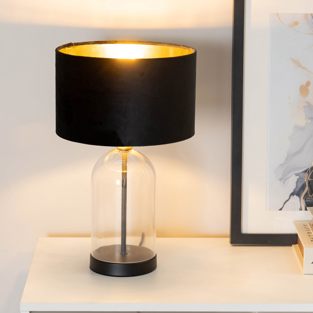 ValueLights Jessy Black Glass LED Table Lamp with Black and Gold Velvet Lamp Shade Image 3