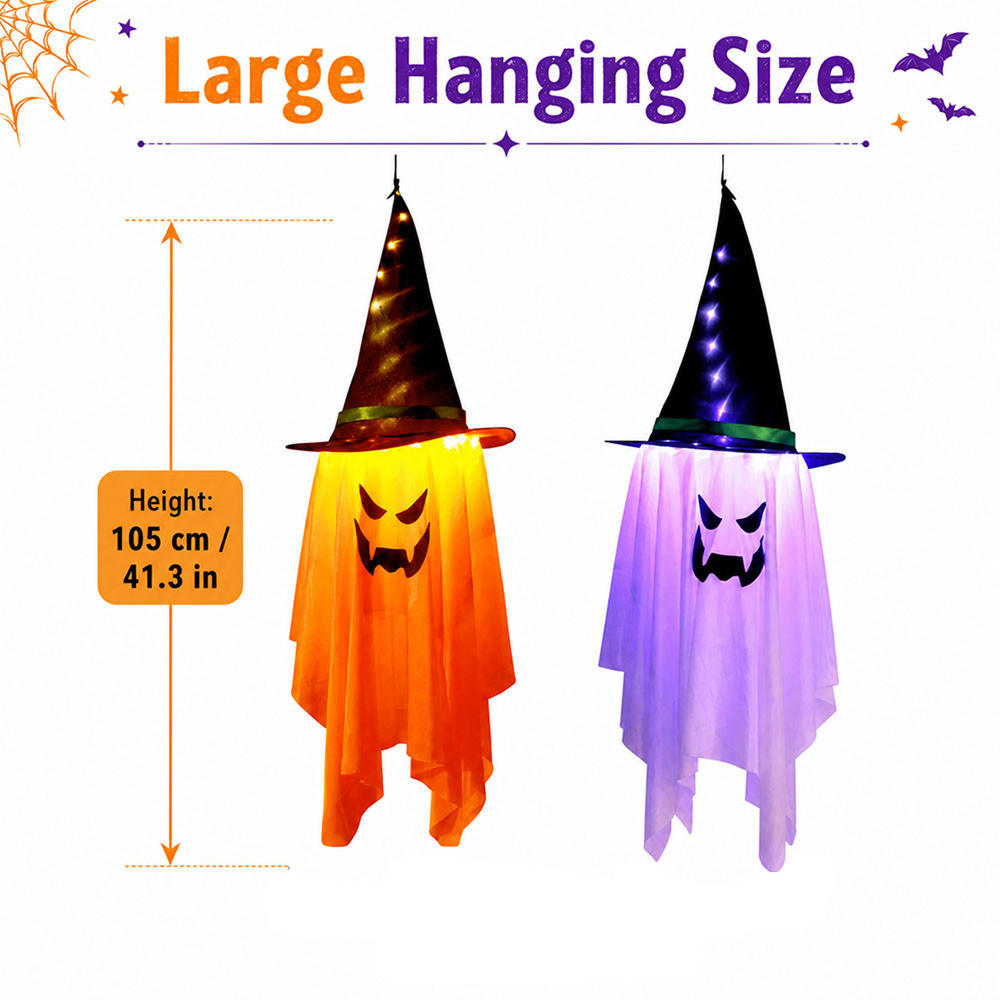 Lovii Purple LED Light Up Hanging Ghost with Witch Hat Halloween Decor 3.4ft Image 3