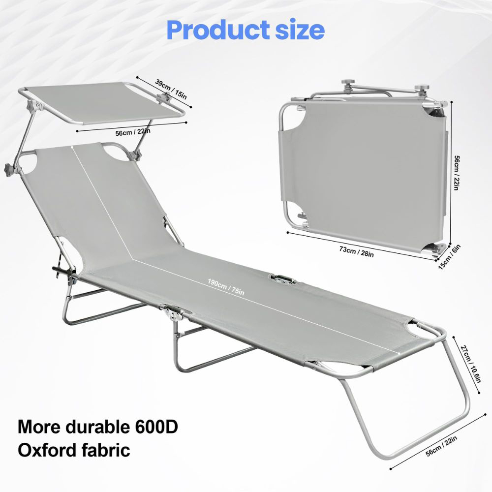 Alivio Grey Foldable Recliner Sun Lounger with Adjustable Sunshade Image 8