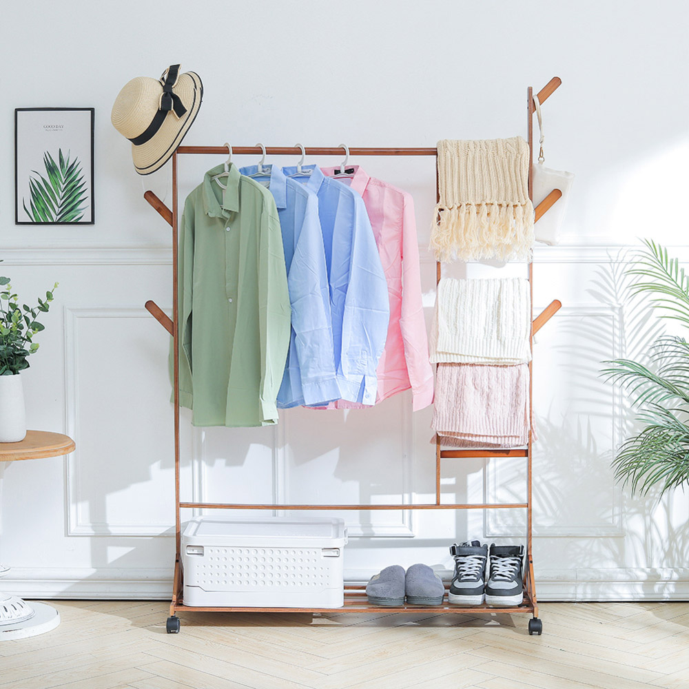 Living And Home SW0372 Natural Bamboo Freestanding Clothing Rack With Storage Shelf Image 6