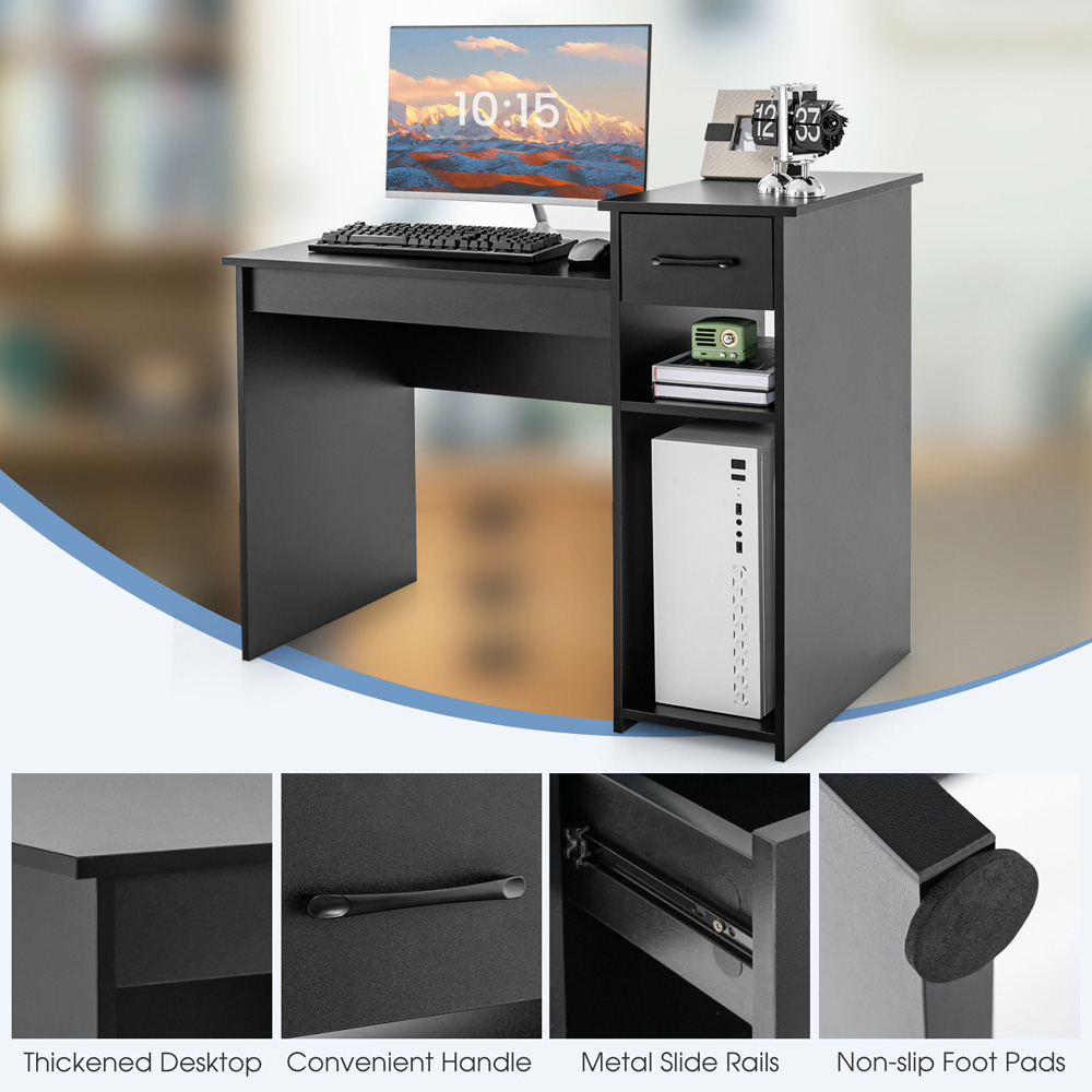Costway Single Drawer 2 Shelf Computer Desk Black Image 7