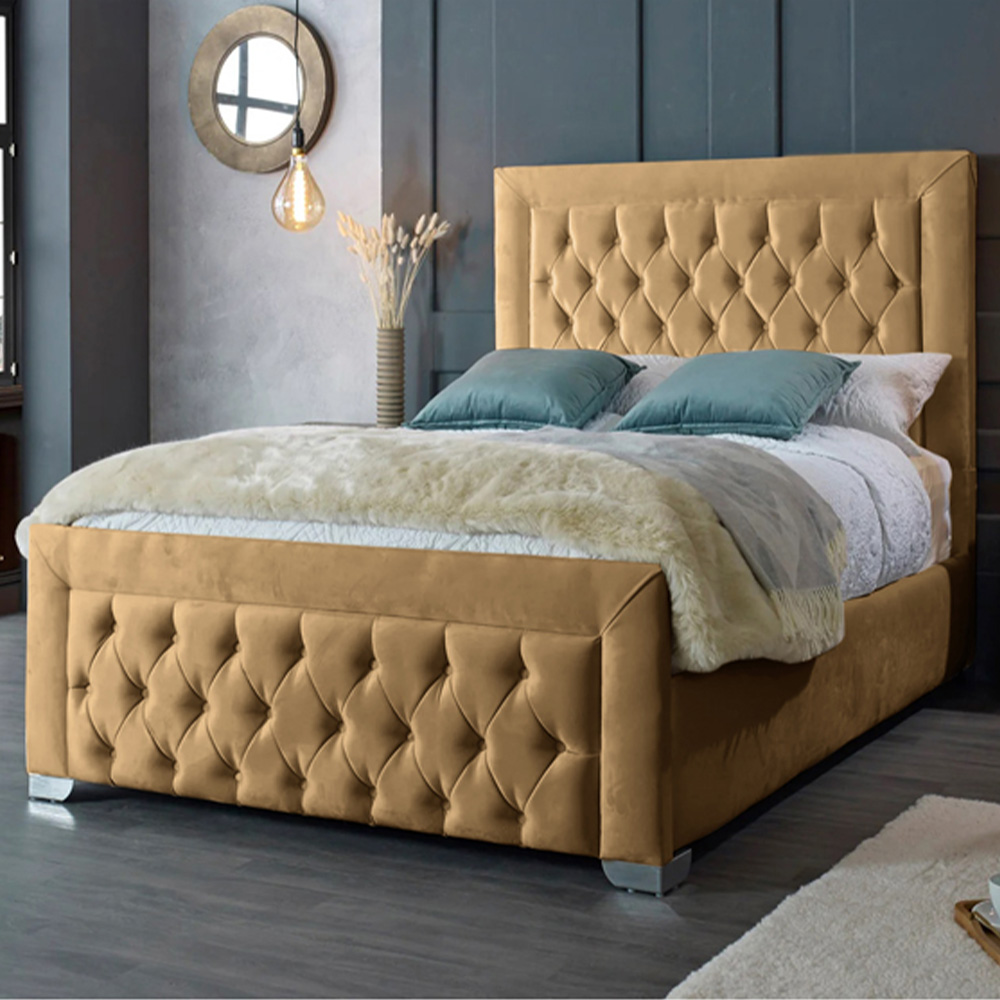 Eleganza Home Gelson Super King Size Beige Plush Velvet Bed Frame with Chesterfield Headboard Image 1