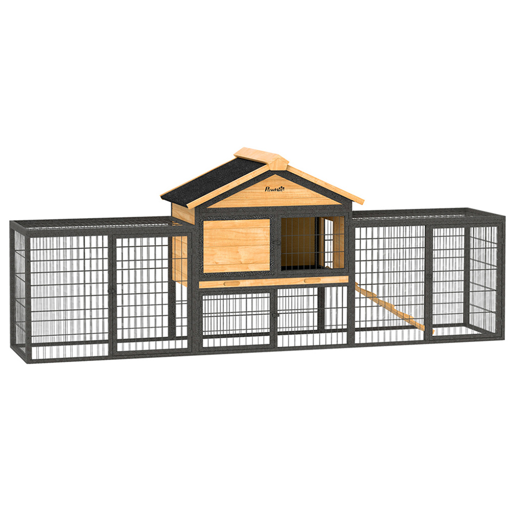PawHut Natural Small Animal Pet Hutch with 2 Steel Run Image 1