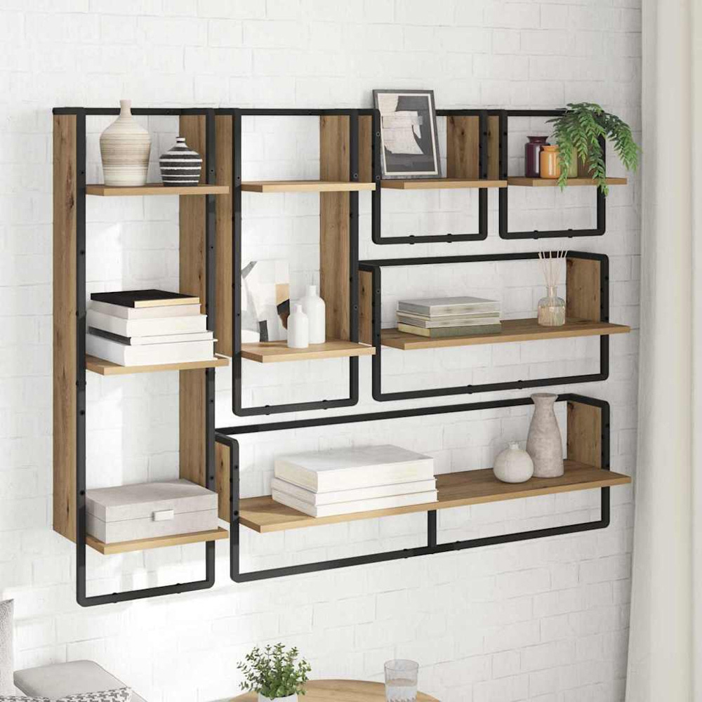 vidaXL 9 Shelf Artisan Oak Wall Shelf Set of 6 Image 2