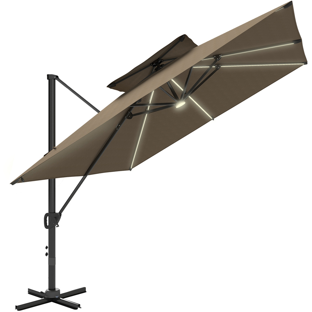 Outsunny 2 Tier Khaki Aluminium Solar LED Crank and Tilt Cantilever Parasol 3.5m Image 1