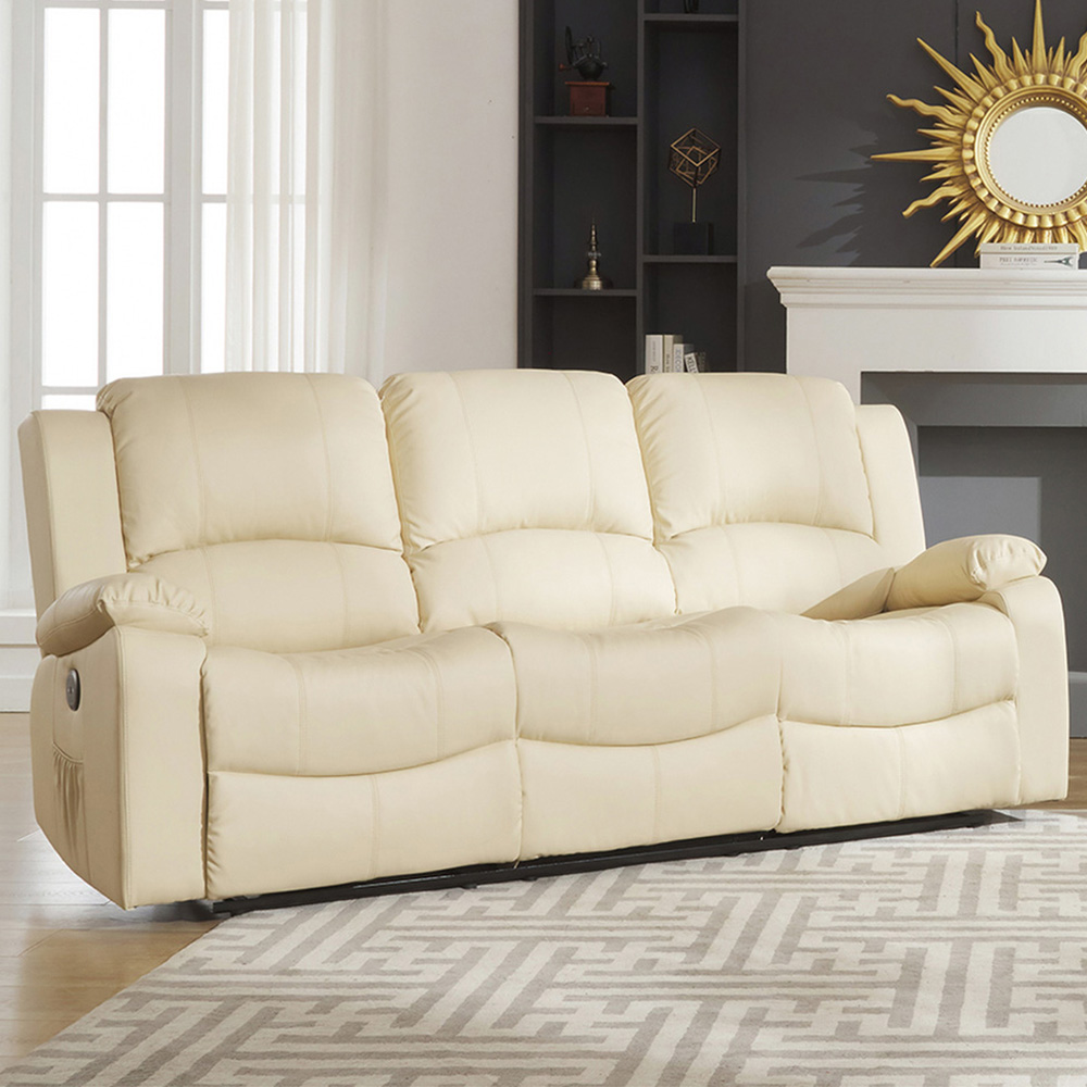 Glendale 3 Seater Cream Bonded Leather Electric Recliner Sofa Image 1