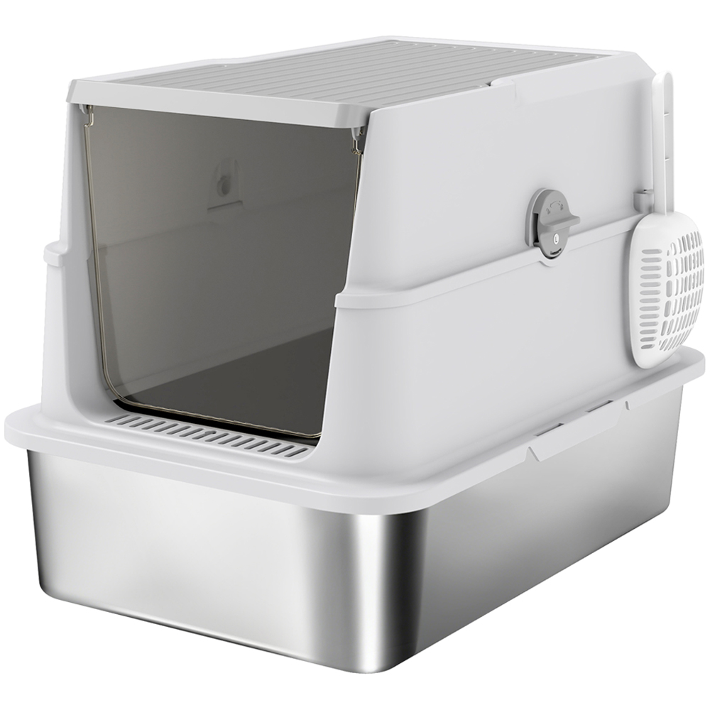 PawHut Flip Top Stainless Steel XL Cat Litter Tray with Scoop Image 1