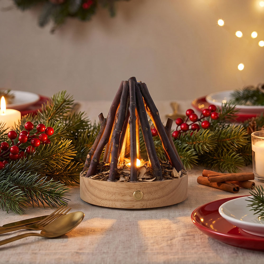 Living and Home Natural Wood LED Campfire Night Light Image 2