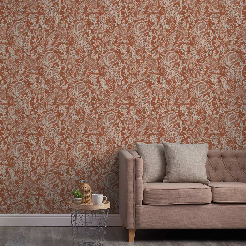 Grandeco Mae Painted Jungle Leaves Linen Terracotta Textured Wallpaper Image 3