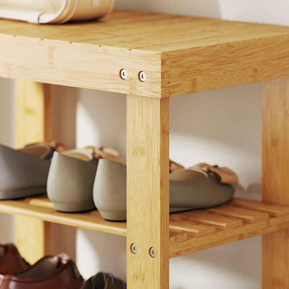 Portland 2 Shelf Wood Finish Bamboo Entryway Shoe Bench Image 3