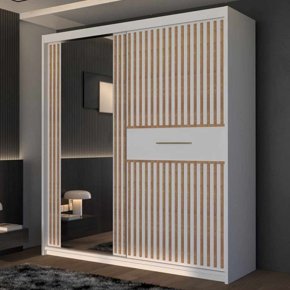 M N Furniture Laiyal 2 Door White Mirrored Sliding Wardrobe with Oak Strip 150cm Image 1