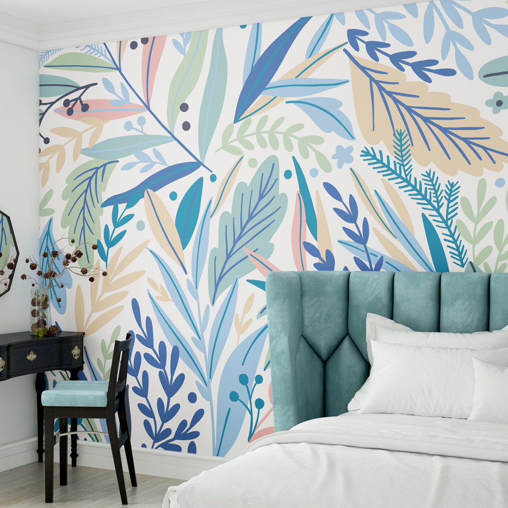 Origin Murals Patterned Leaves Blue Wall Mural Image 3