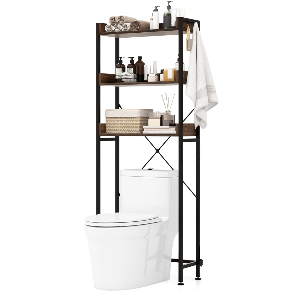 Costway 3 Shelf Rustic Brown Over The Toilet Storage Shelf with Hooks Image 2