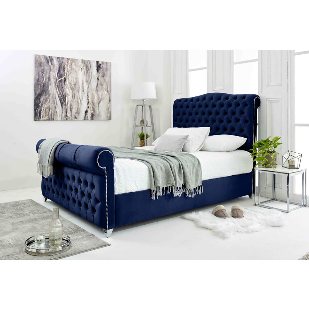 Eleganza Maynard Small Double Blue Plush Velvet Bed Frame with Matching Buttons Image 2