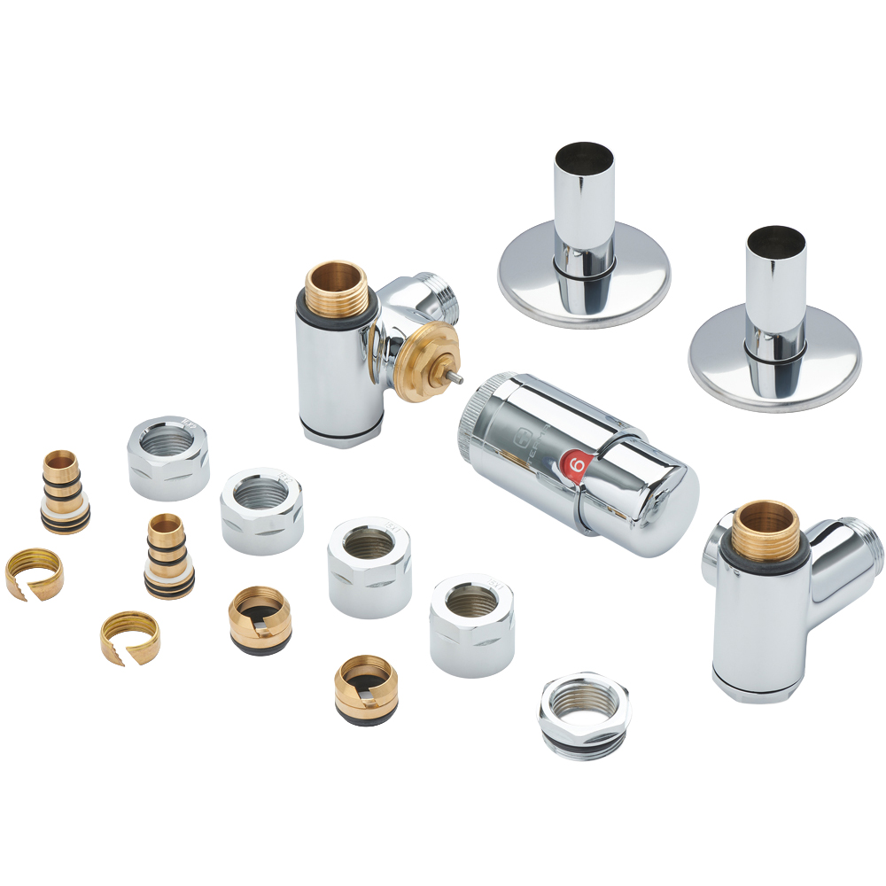 Terma Vario Chrome Right Sided Integra 3 Axis Thermostatic Radiator Valve Set with Integrated T Piece Image 1