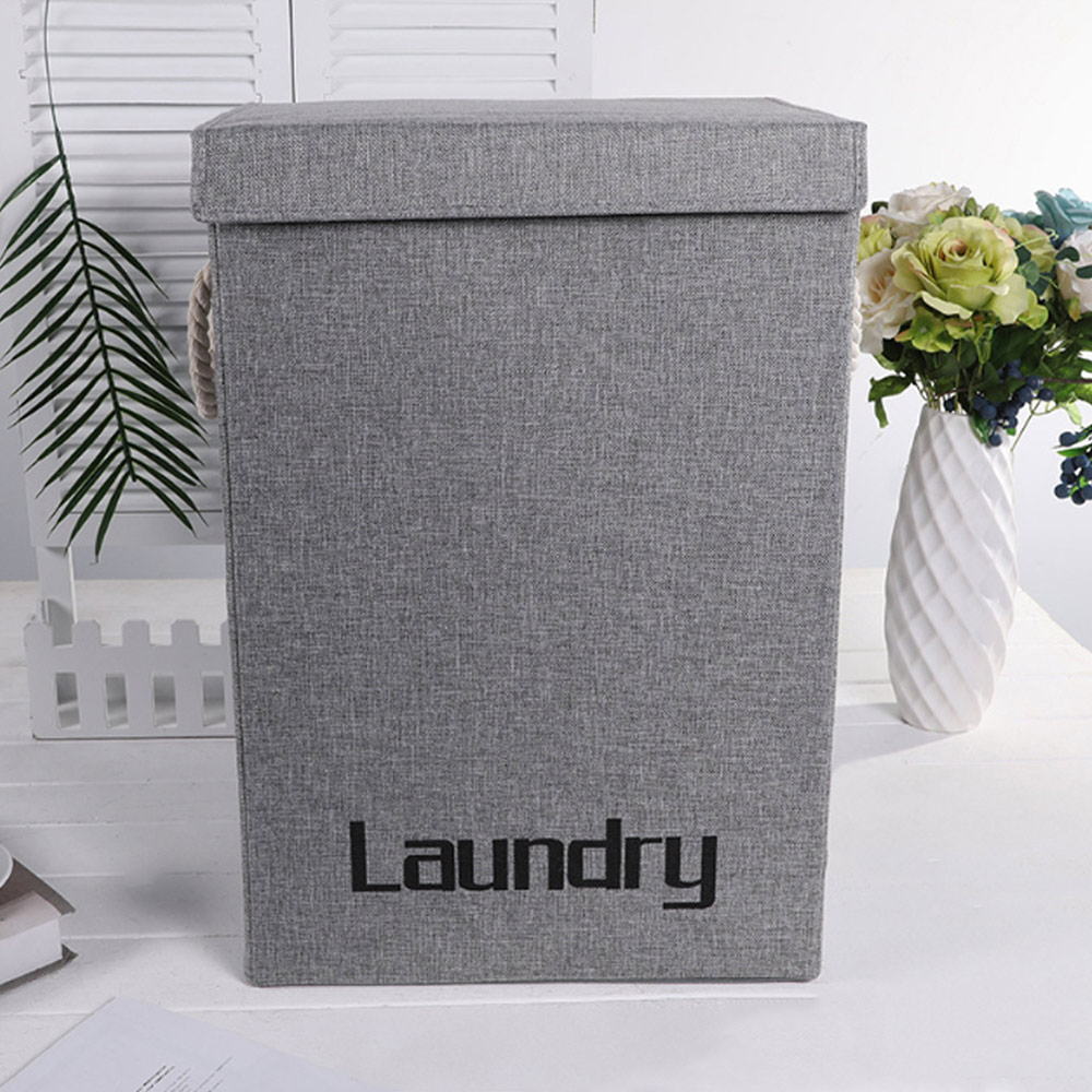 Living And Home WH0750 Grey Cotton Fabric Foldable Laundry Basket With Lid Image 2