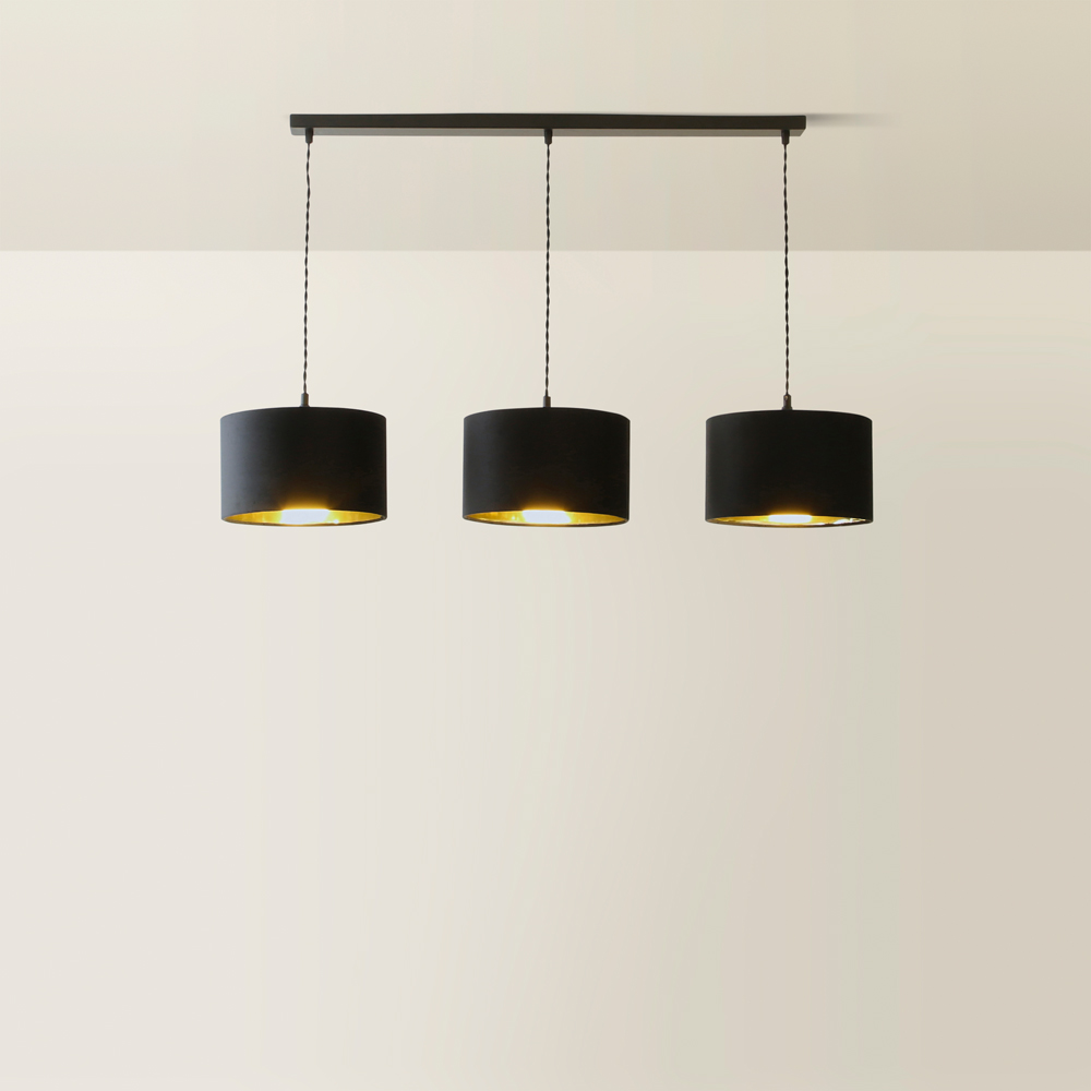 ValueLights Reni Black Velvet and Gold Shade 3 Drop Bar Black Diner LED Ceiling Light Image 5