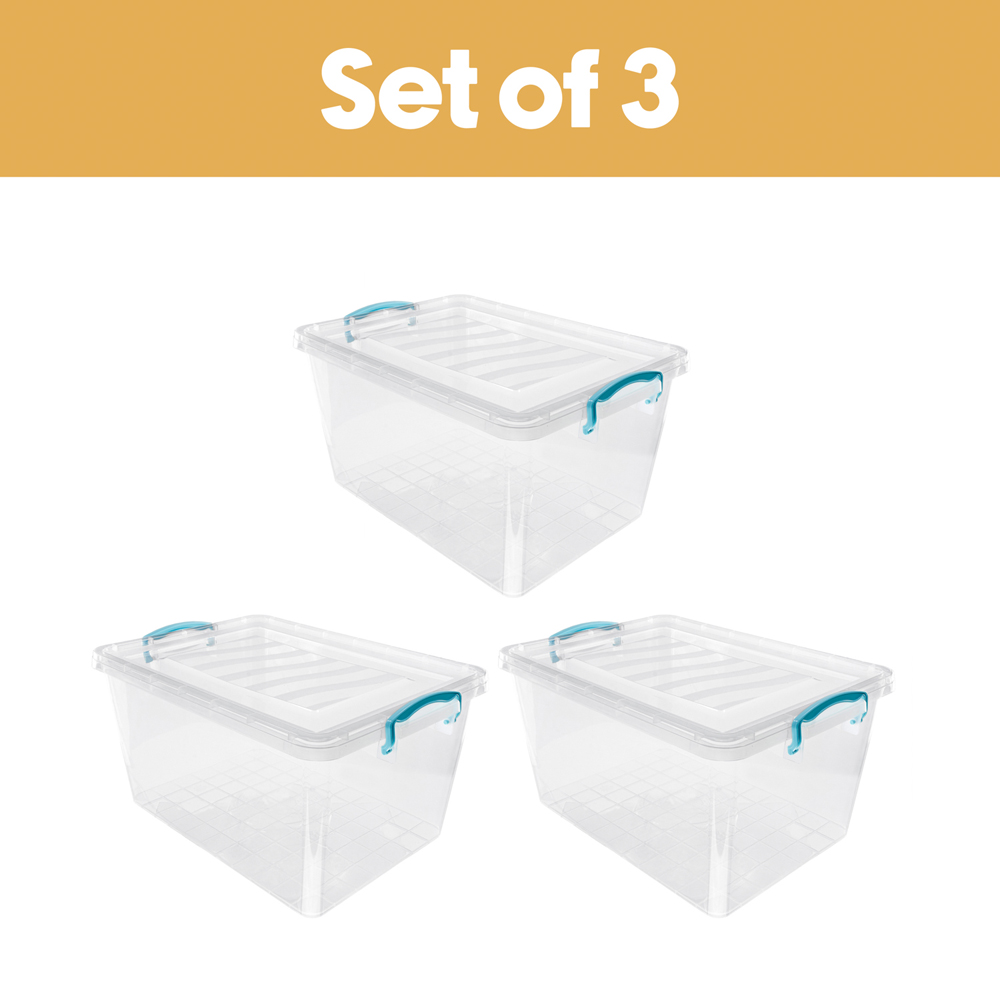 JVL 30L Clear Plastic Stackable and Nestable Storage Box with Clip Lid 3 Pack Image 2