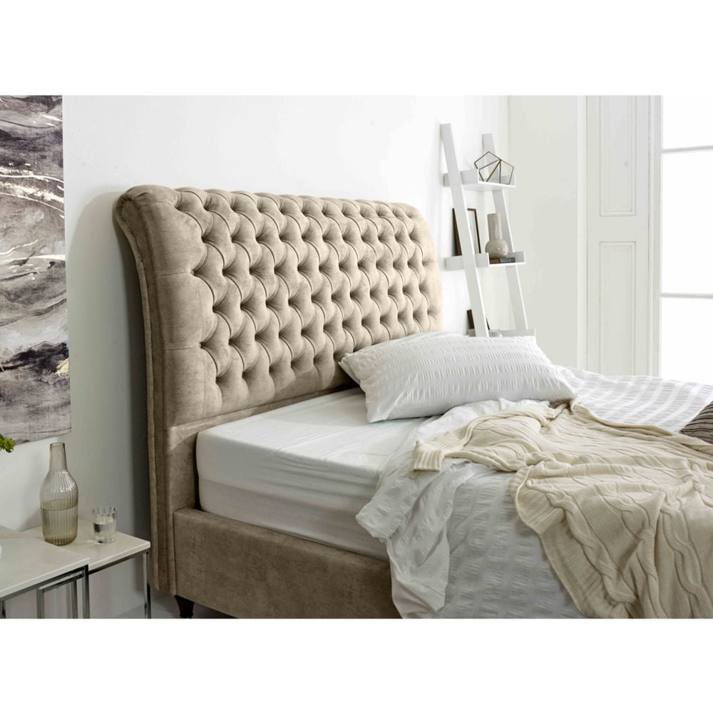 Eleganza Alisyn Small Double Oatmeal Marble Fabric Bed Frame with Sleigh Headboard Image 2