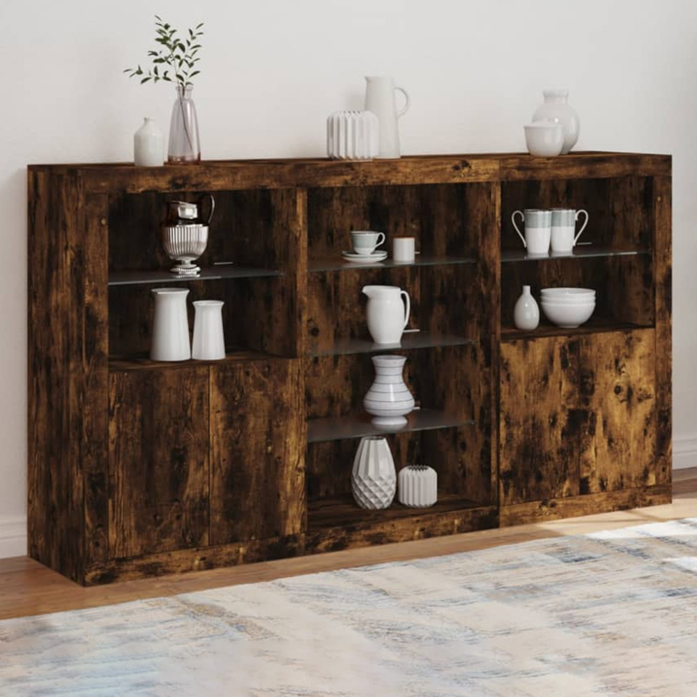vidaXL 4 Door 8 Shelf Smoked Oak Sideboard with LED Lights Image 1
