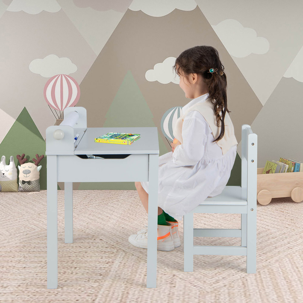 Costway Kids Grey Activity Table and Chair Set with Storage and Paper Roll Holder Image 3