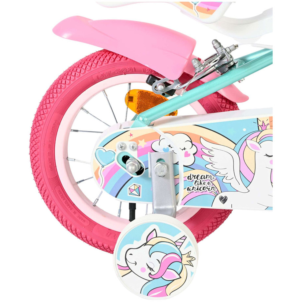 Volare Unicorn Kids 12 inch Green and Pink Bike with Stabilisers Doll Seat and Basket Image 7