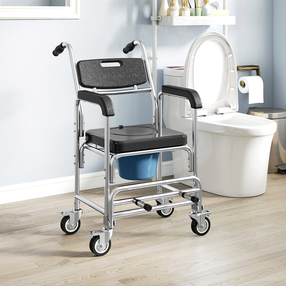 HOMCOM Black Transport Beside Shower Chair with Wheels and Padded Seat Image 3