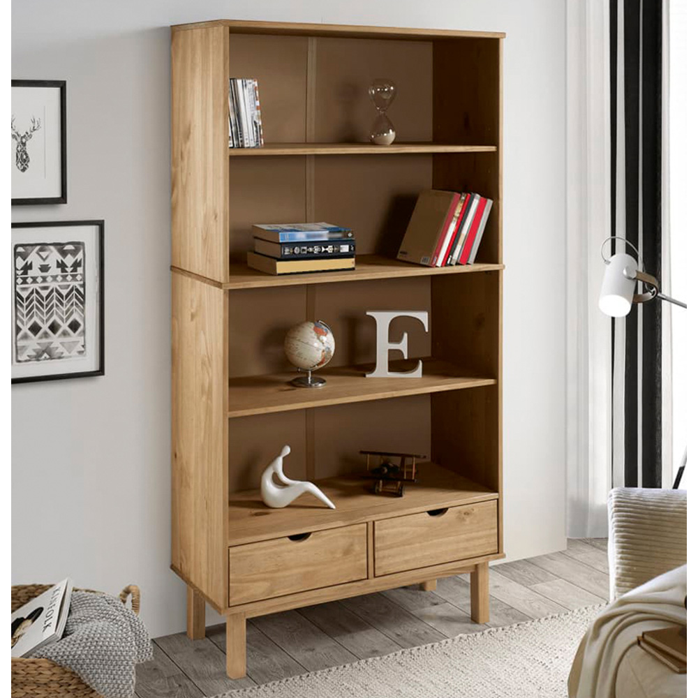 vidaXL Otta 2 Drawer 4 Shelf Brown Solid Pine Wood Bookcase Image 1