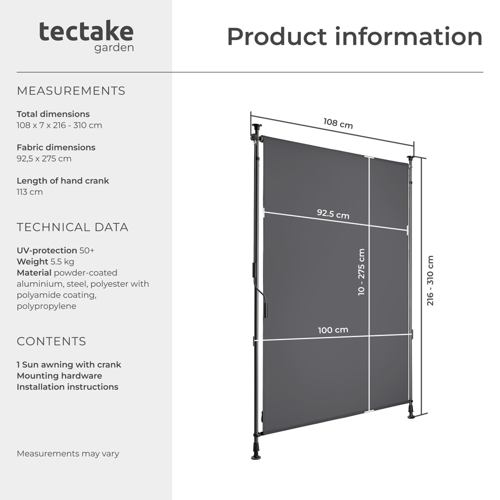 tectake Taija Dark Grey Retractable Awning with Hand Crank 3.1 x 1.08m Image 8