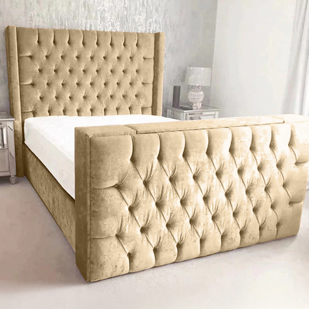 Eleganza Home Lokie King Size Beige Plush TV Bed Frame with Headboard and Footboard Image 1