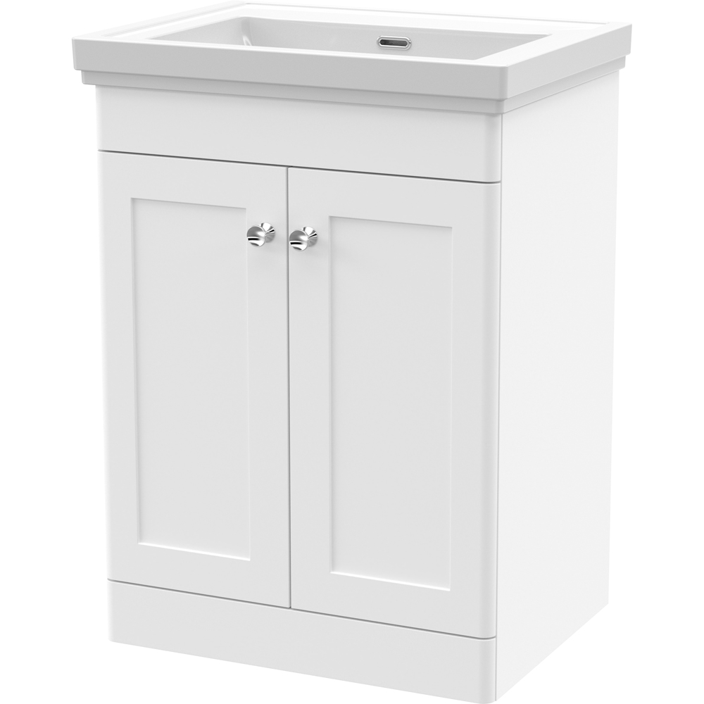 nuie Classique 2 Door Satin White Floor Standing Unit and 0 Tap Hole Fireclay Basin 600mm Image 1