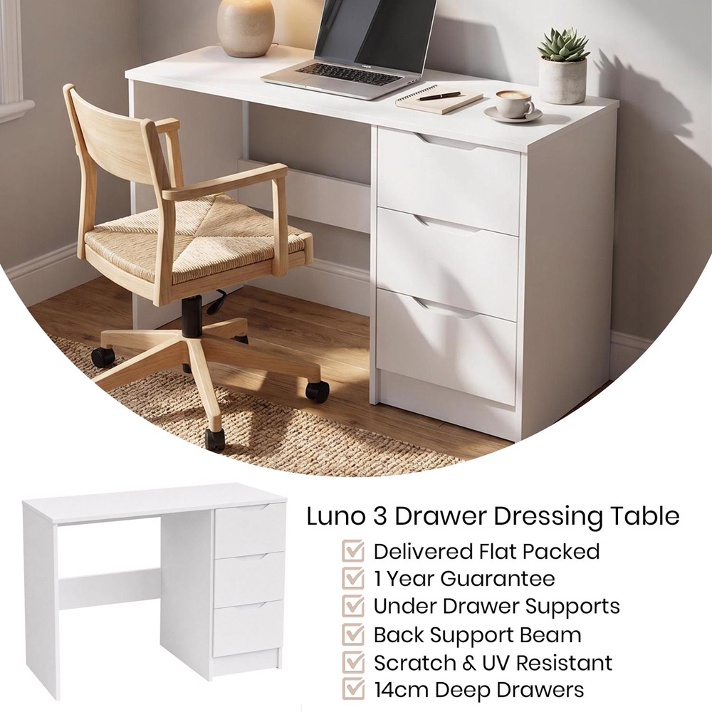 FWStyle Luno 3 Drawer White Vanity Dressing Table Image 4