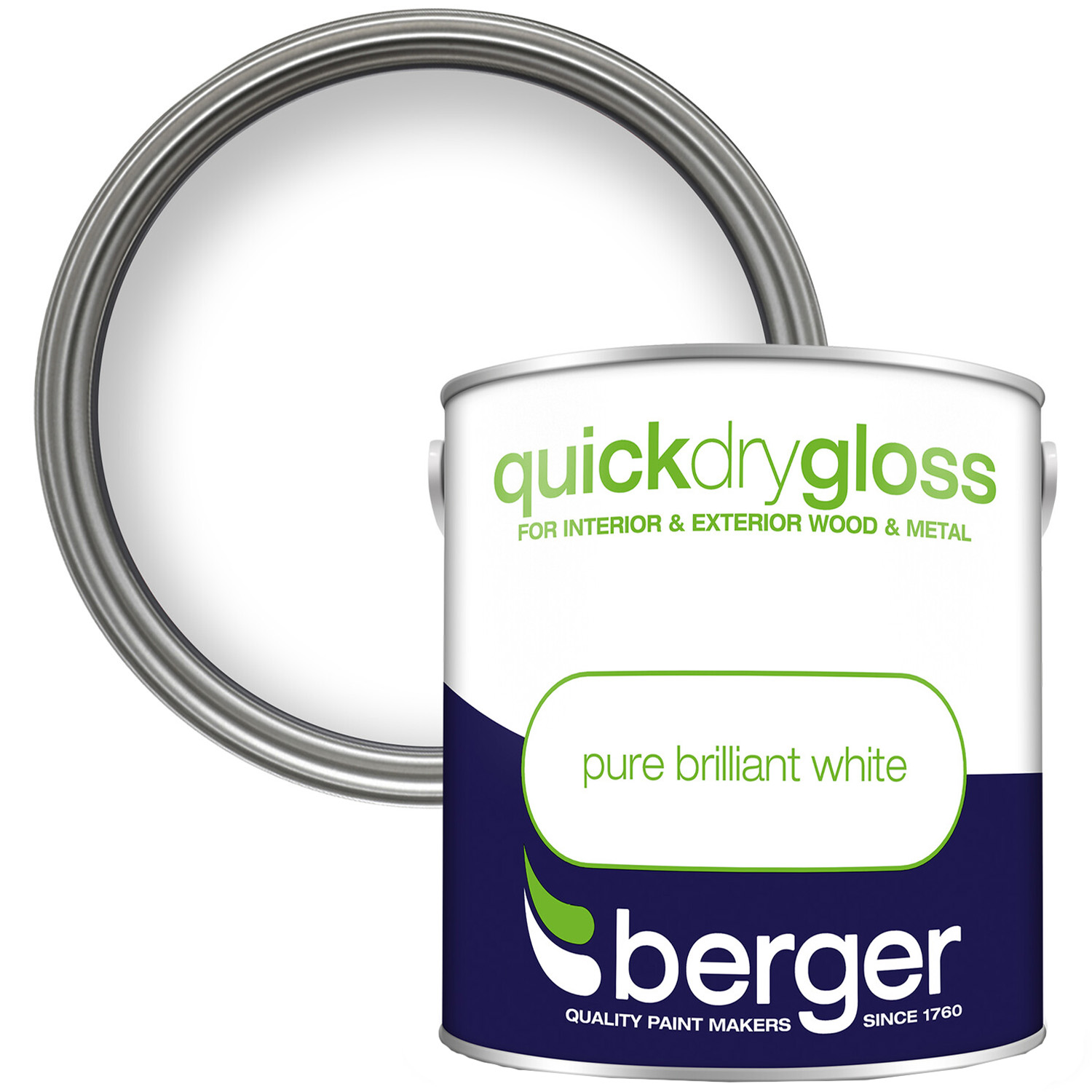 Berger Wood and Metal Pure Brilliant White Quick Dry Gloss Paint 2.5L Image 1
