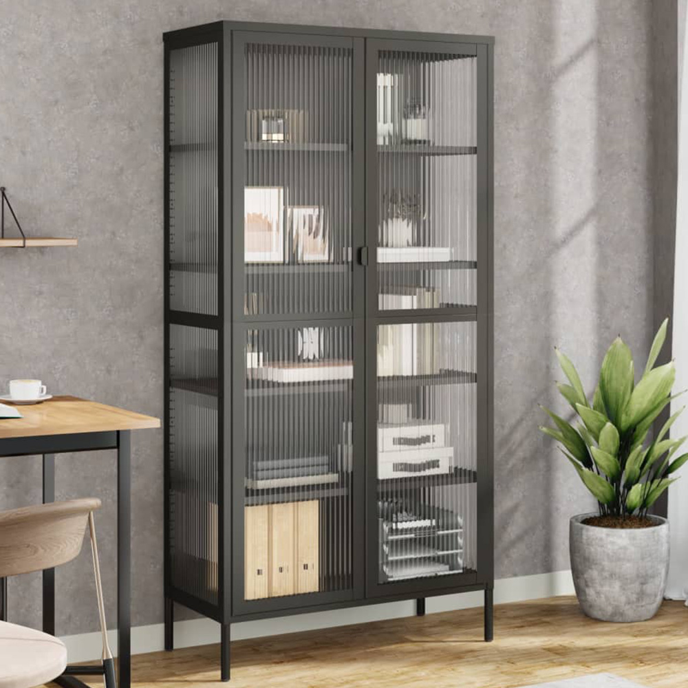 vidaXL 2 Glass Door Black Fluted Glass and Steel Highboard Image 1