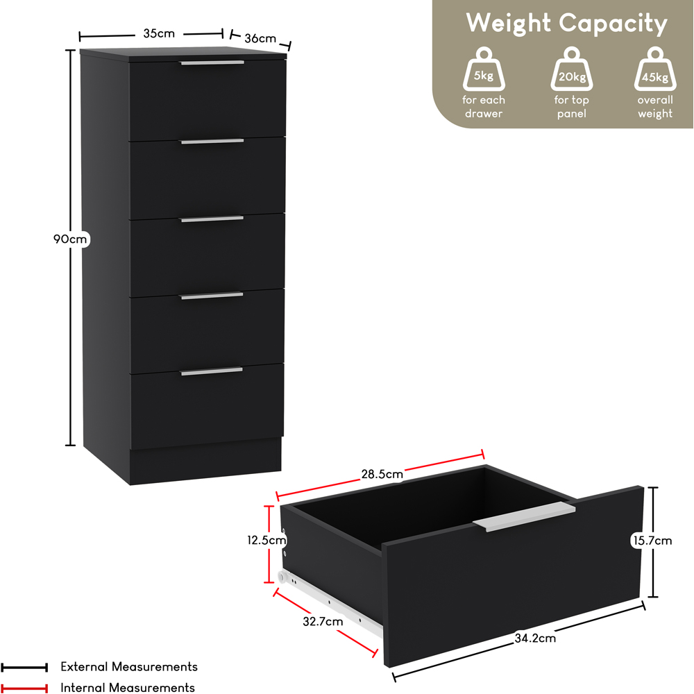 VIDA DESIGNS Trega 5 Drawer Black Narrow Bedside Cabinet Image 9