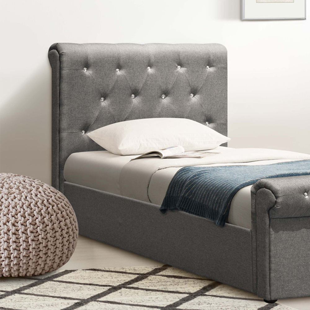 Brooklyn Single Grey Linen Fabric Diamante Chesterfield Bed Frame Image 2