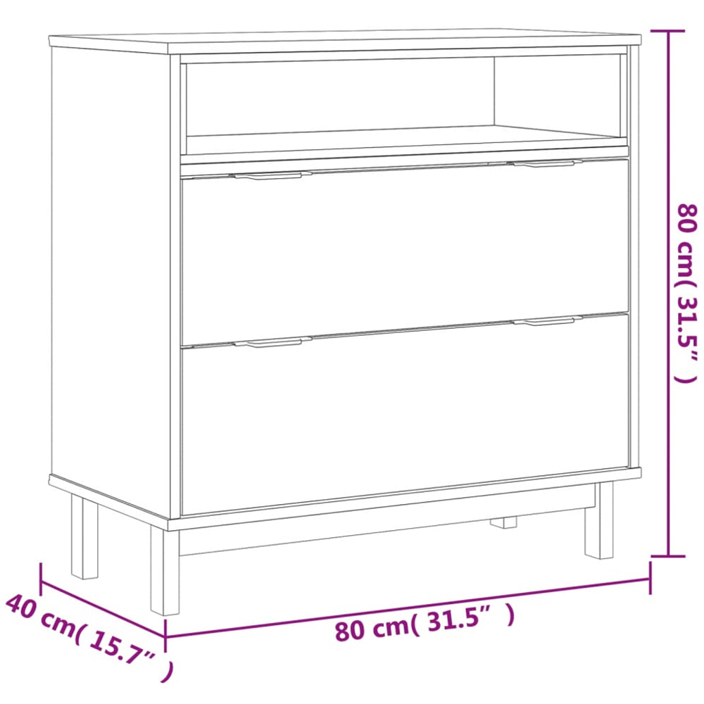 vidaXL Flam 2 Drawer Single Open Shelf Brown Solid Wood Pine Storage Cabinet Image 9