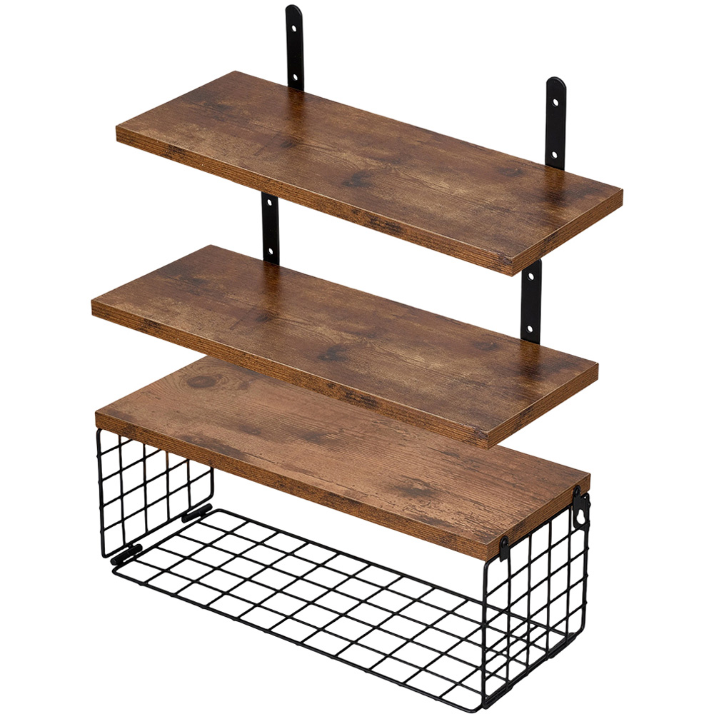 Living and Home 3 Shelf Wooden Wall-Mounted Floating Shelf with Wire Basket Image 2