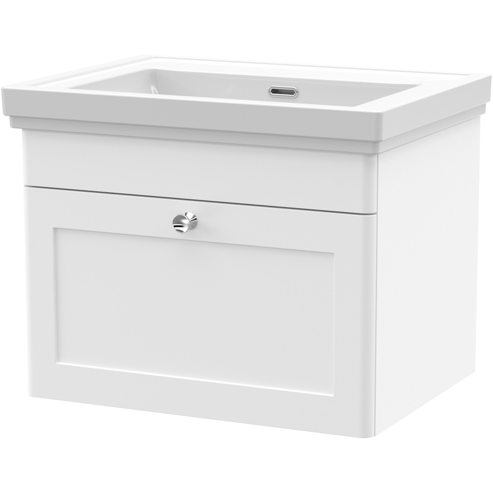 nuie Classique Single Drawer Satin White Wall Hung Unit and 0 Tap Hole Fireclay Basin 600mm Image 1