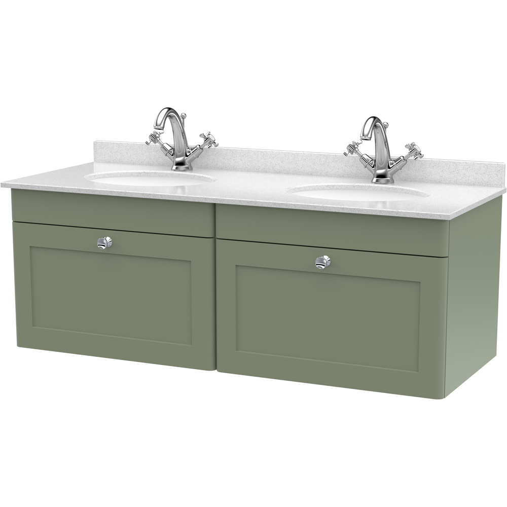 nuie Classique 2 Drawer Satin Green and White Wall Hung Unit and 1 Tap Hole Marble Basin 1200mm Image 1