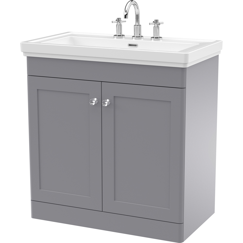 nuie Classique 2 Door Satin Grey Floor Standing Vanity Unit and 3 Tap Hole Fireclay Basin 800mm Image 1