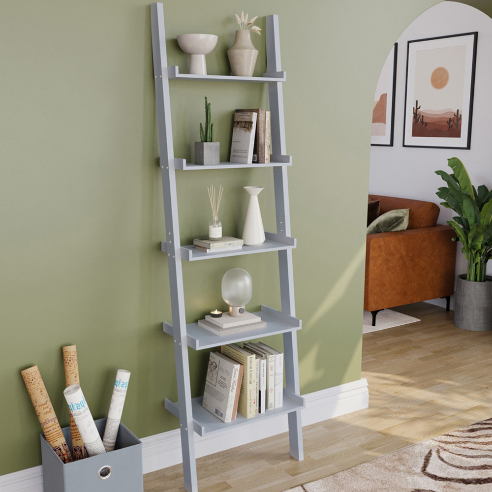 Vida Designs York 5 Shelf Grey Ladder Bookcase Image 1