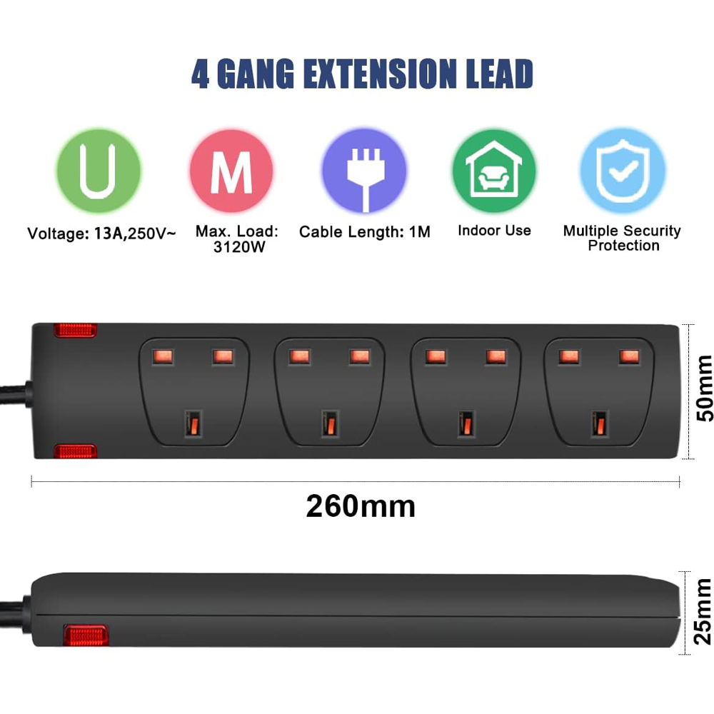 ExtraStar 13A 5m 4 Socket Child Resistant Black Extension Lead with Indicate Light Image 5