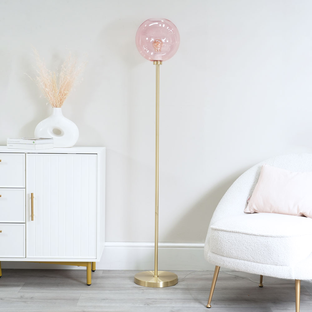 ValueLights Frenchie Pink Tinted Globe Gold Stem LED Floor Lamp Image 5