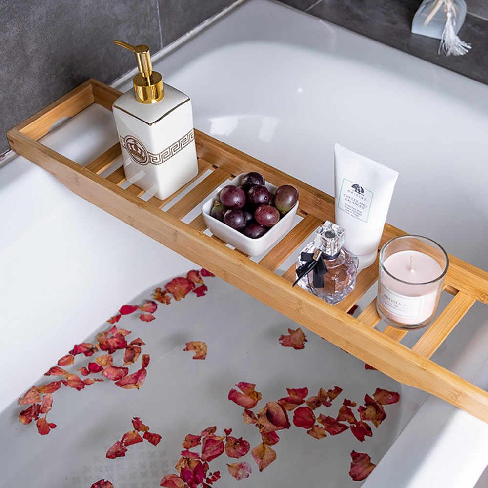 Living and Home Wood Bamboo Bath Tray for Bathroom Image 2